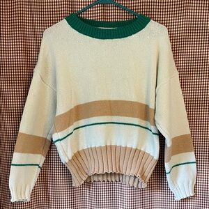 Striped Cream and Tan Sweater with Green Accents